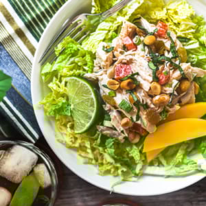 Thai curry chicken salad on a white plate with sliced mangoes.
