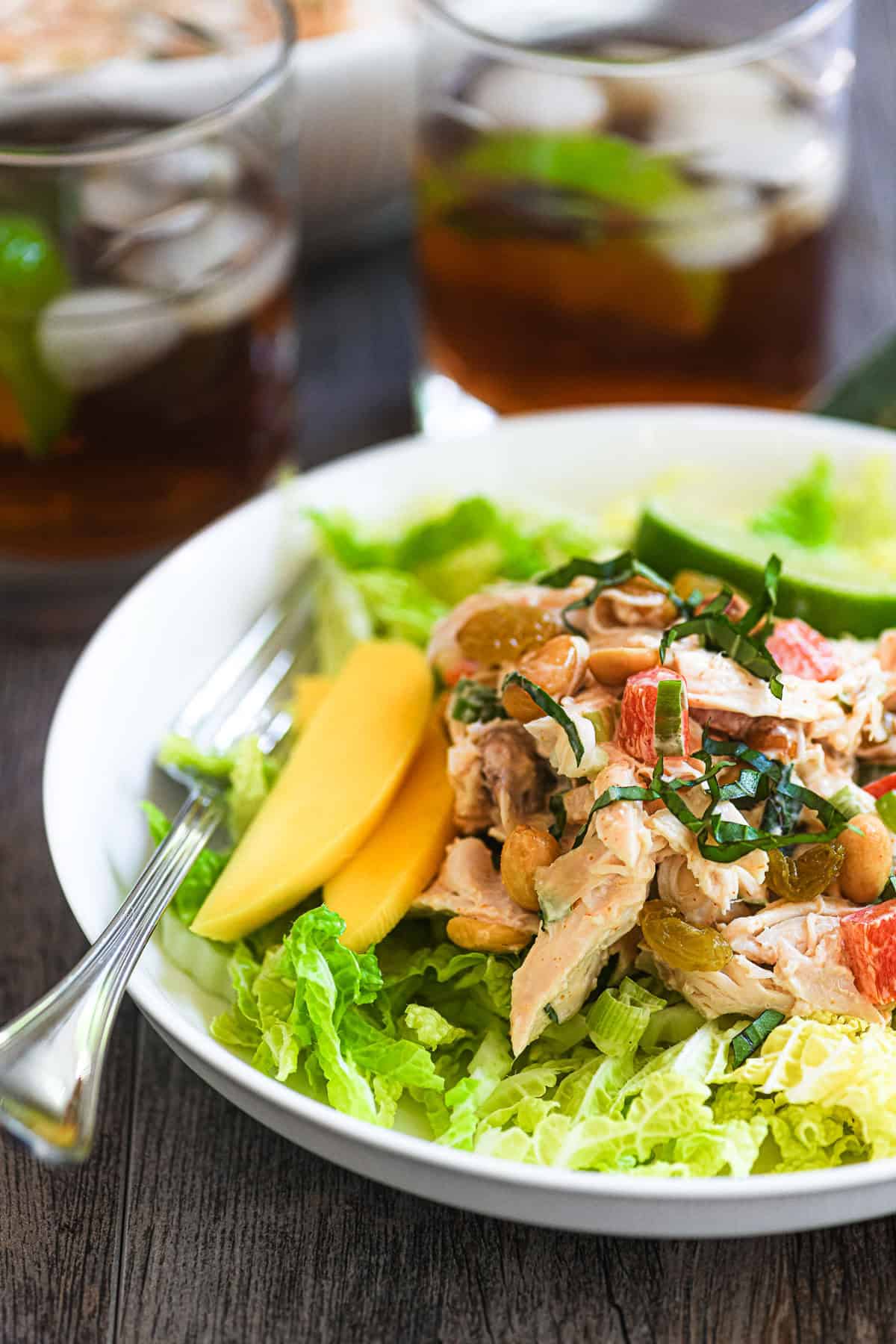 Thai curry chicken salad topped with peanuts.
