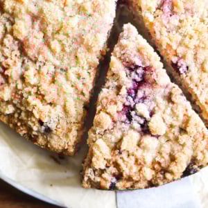 black raspberry coffee cake, with slice removed.