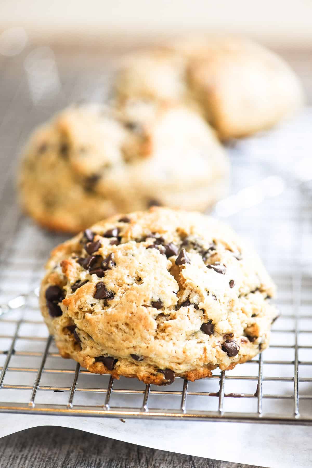 Espresso chocolate chip scones cooling on a rack.,