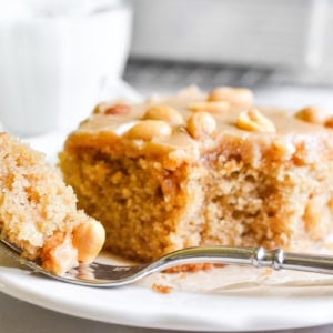 slice of gluten free peanut butter cake with bite on a fork.