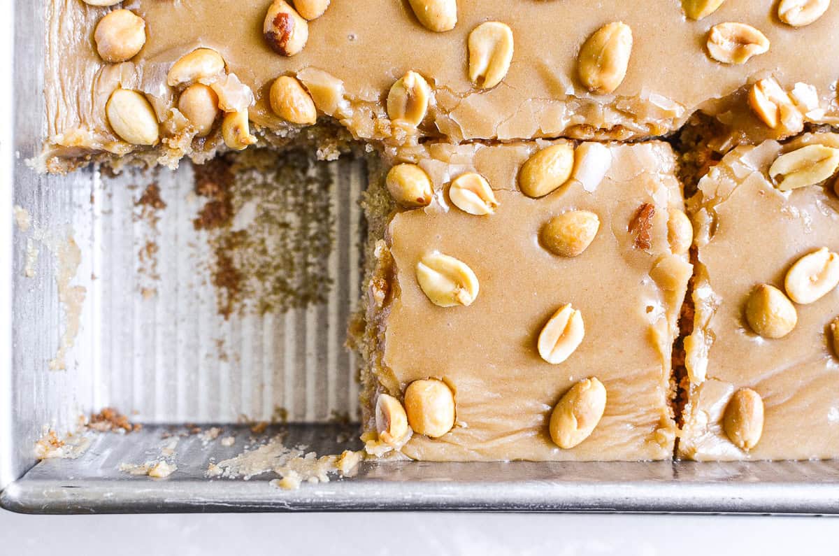 Gluten free peanut butter cake in the pan.