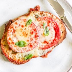 cheesy tomato melt on a plate.