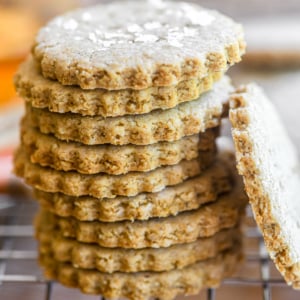 A stack of Scottish oatcakes on a rack.