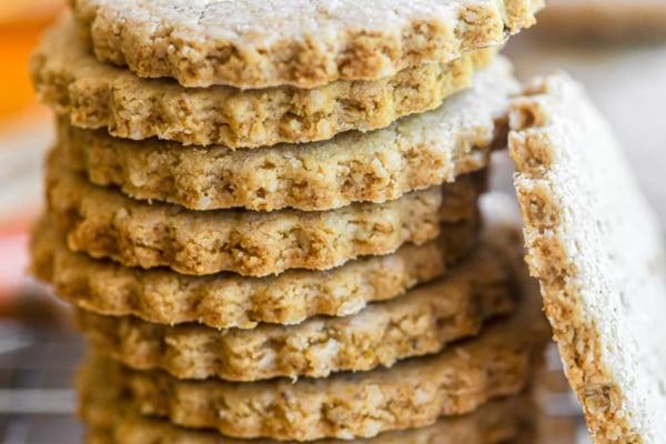 A stack of Scottish oatcakes on a rack.