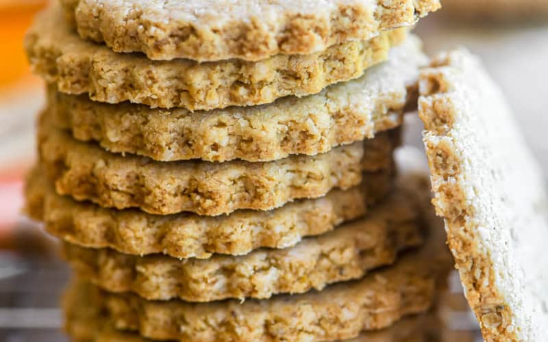 A stack of Scottish oatcakes on a rack.