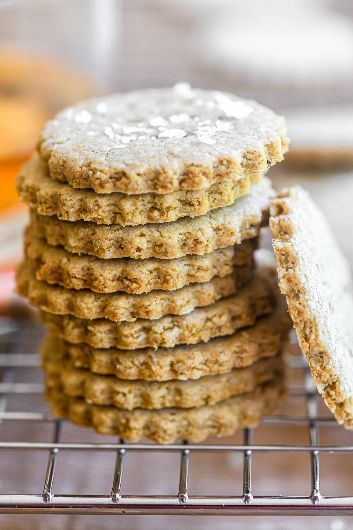A stack of Scottish oatcakes on a rack.
