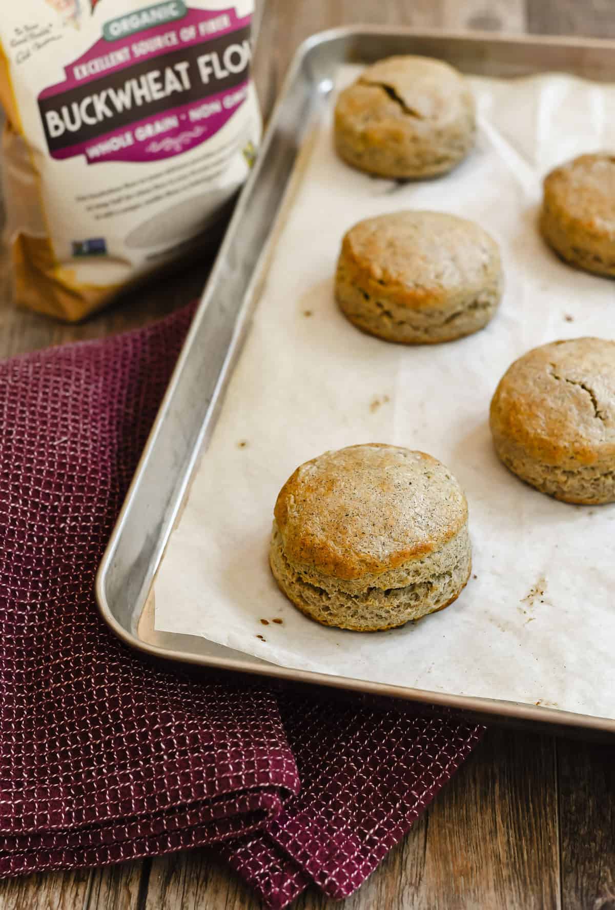 baked buckwheat biscuits on a baking sheet.
