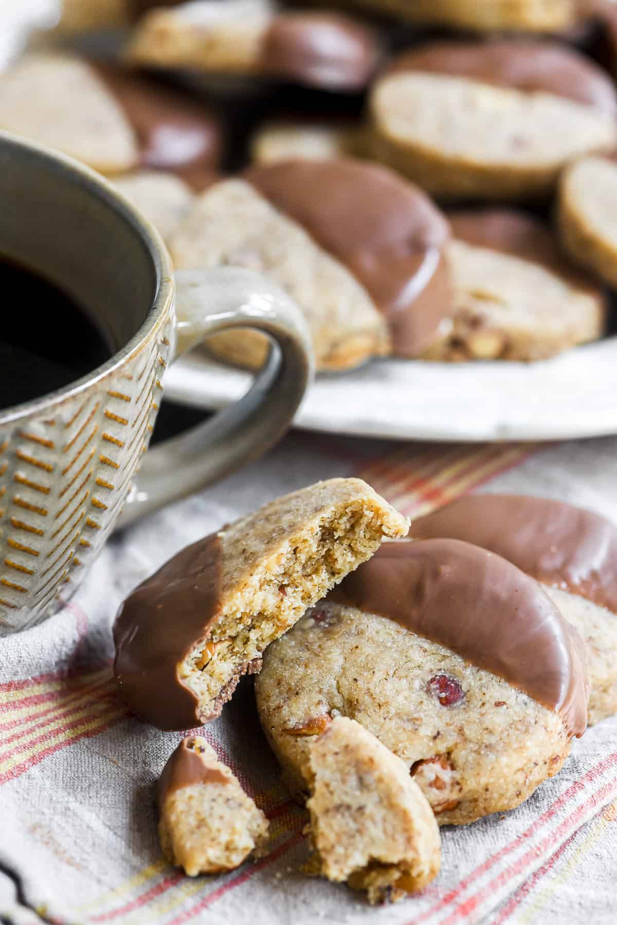 coffee hazelnut shortbread cookies with a cup of coffee.