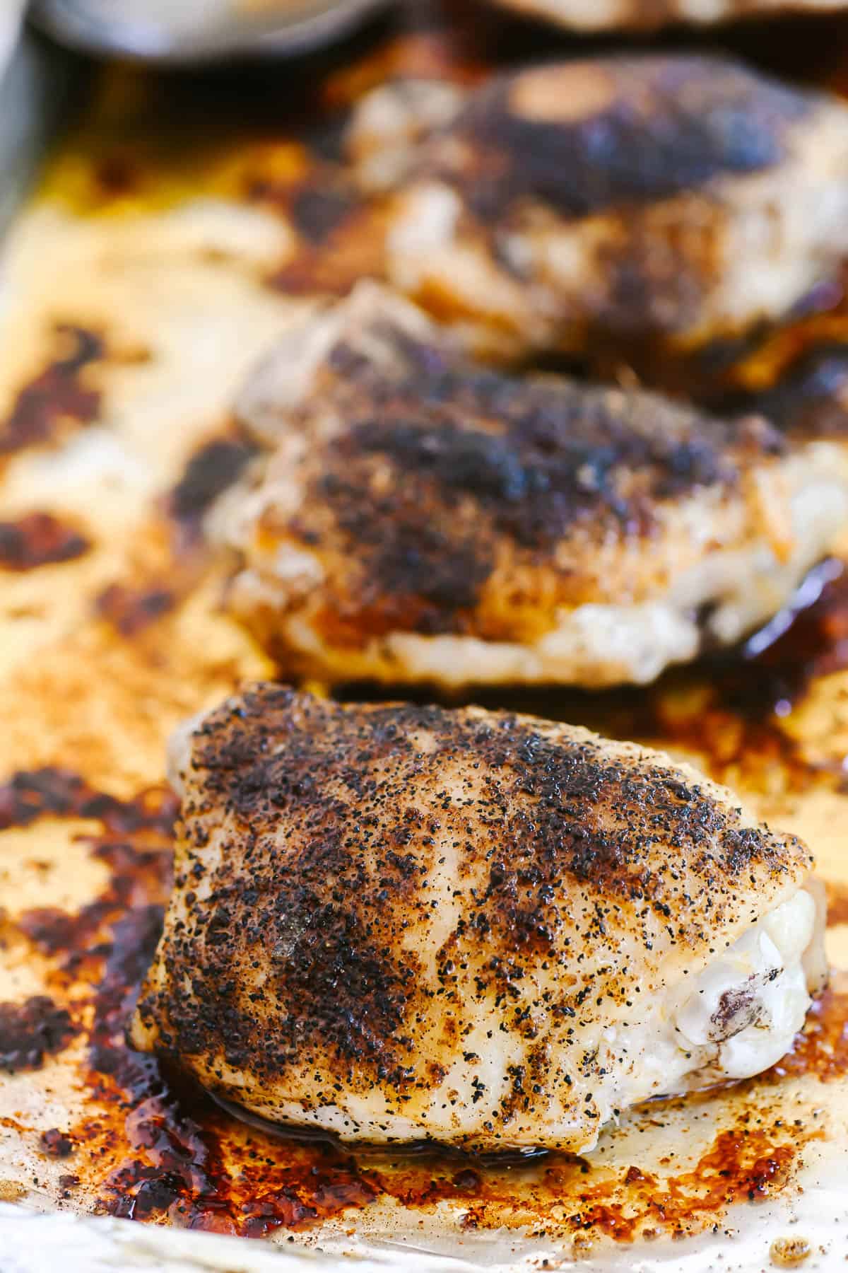 coffee rubbed chicken thighs just out of the oven.