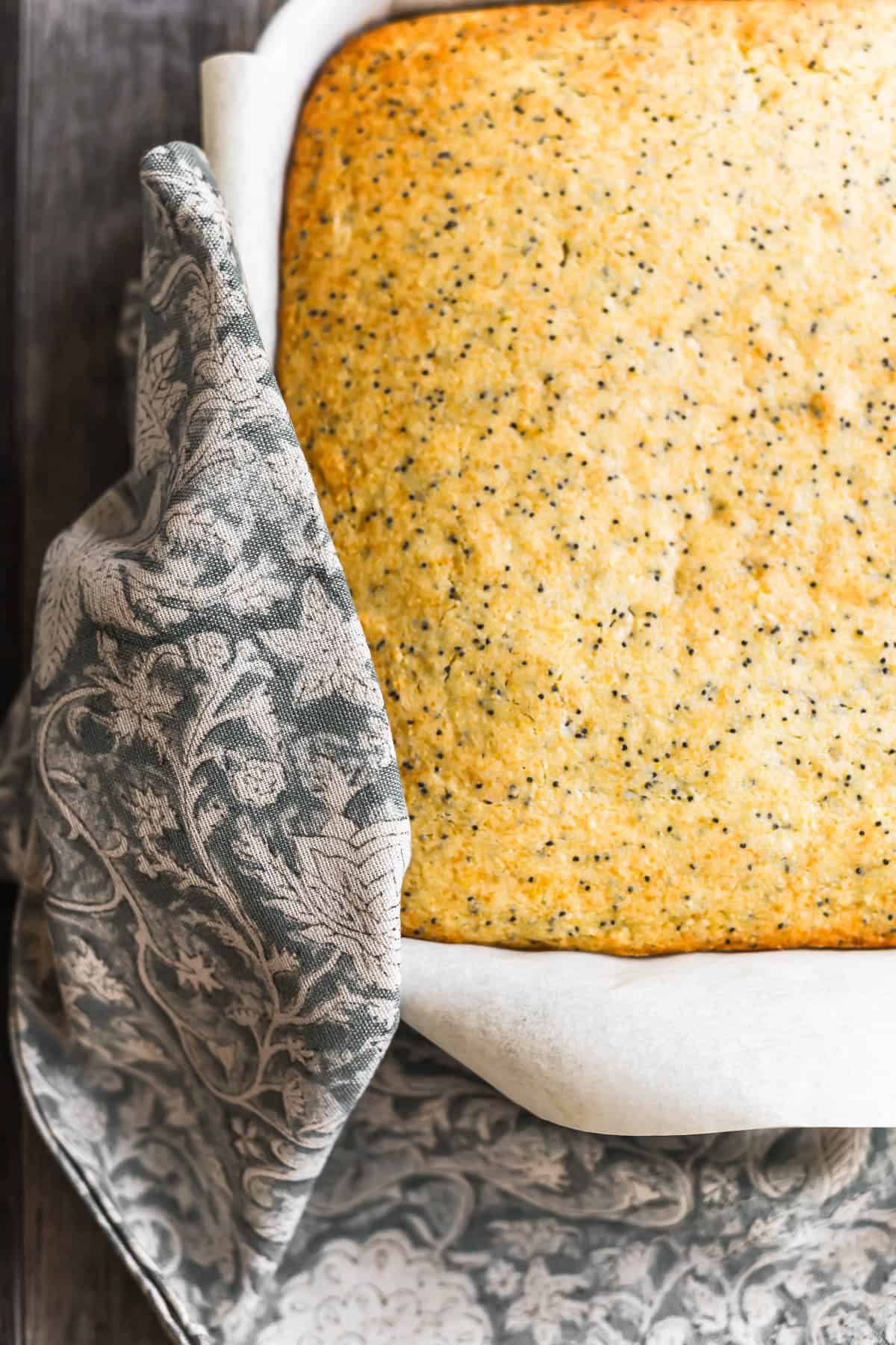 almond poppy seed ricotta cake out of the oven.