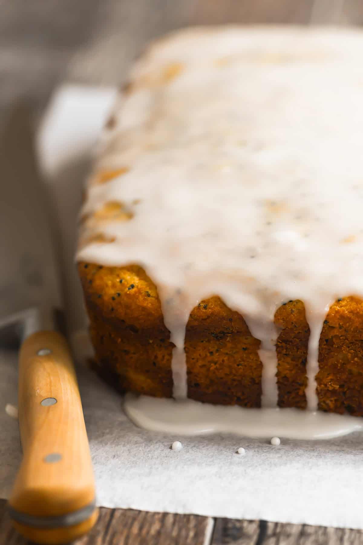 lemon poppy seed ricotta cake with lemon glaze.