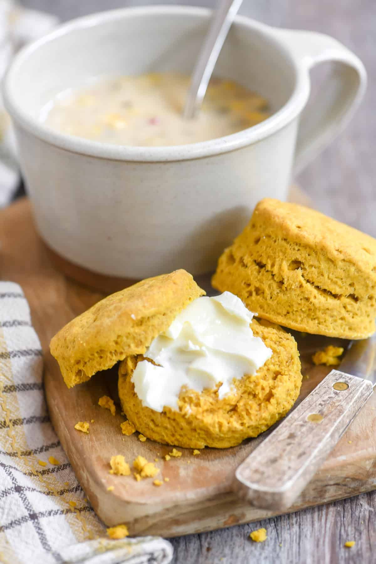 pumpkin spice biscuits with a cup of chowder.