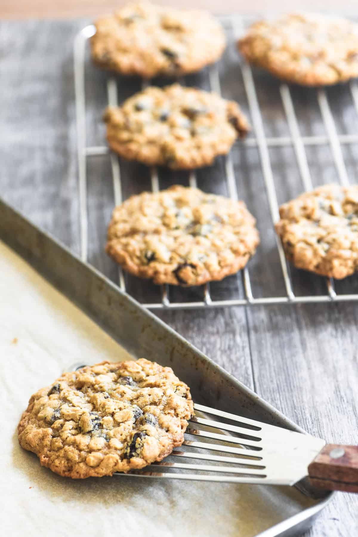 cooling oatmeal raisin cookies on a rack.