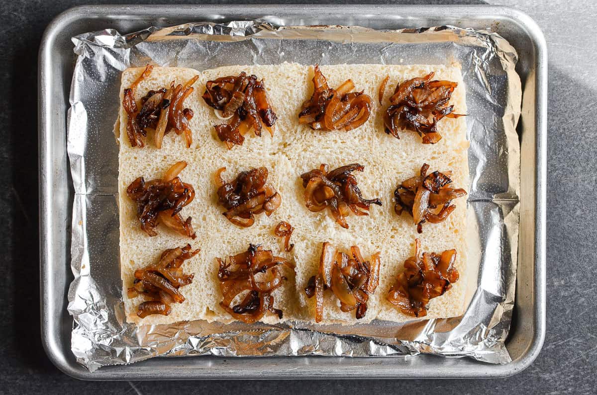 caramelized onions on bread for French Dip Sliders