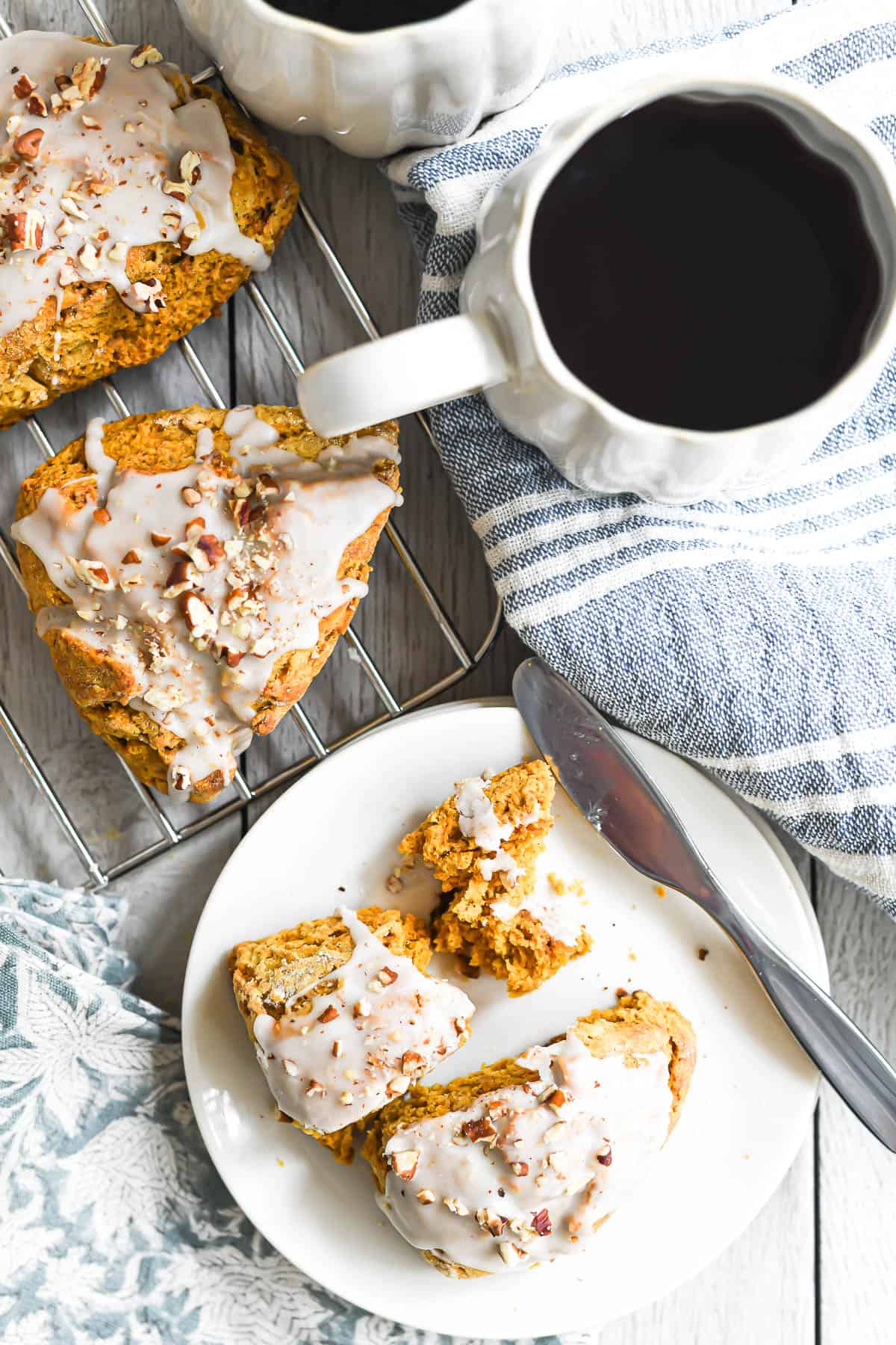 overhead look at pumpkin scones with coffee.