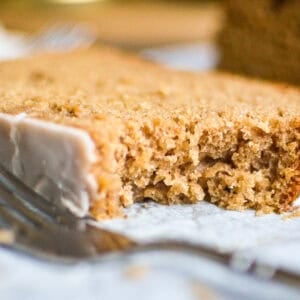 Taking a bite of a slice of apple spice cake.