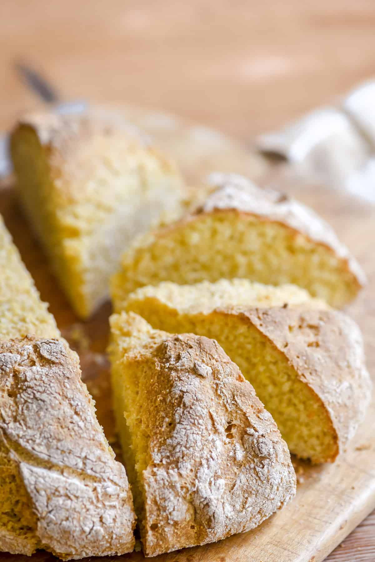 Irish yelllowmeal soda bread cut into farls.