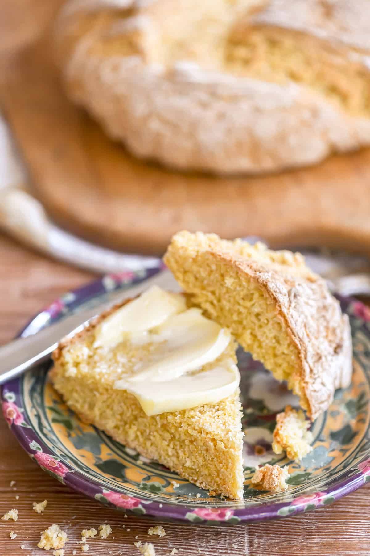 Irish yellowmeal soda bread topped with butter.