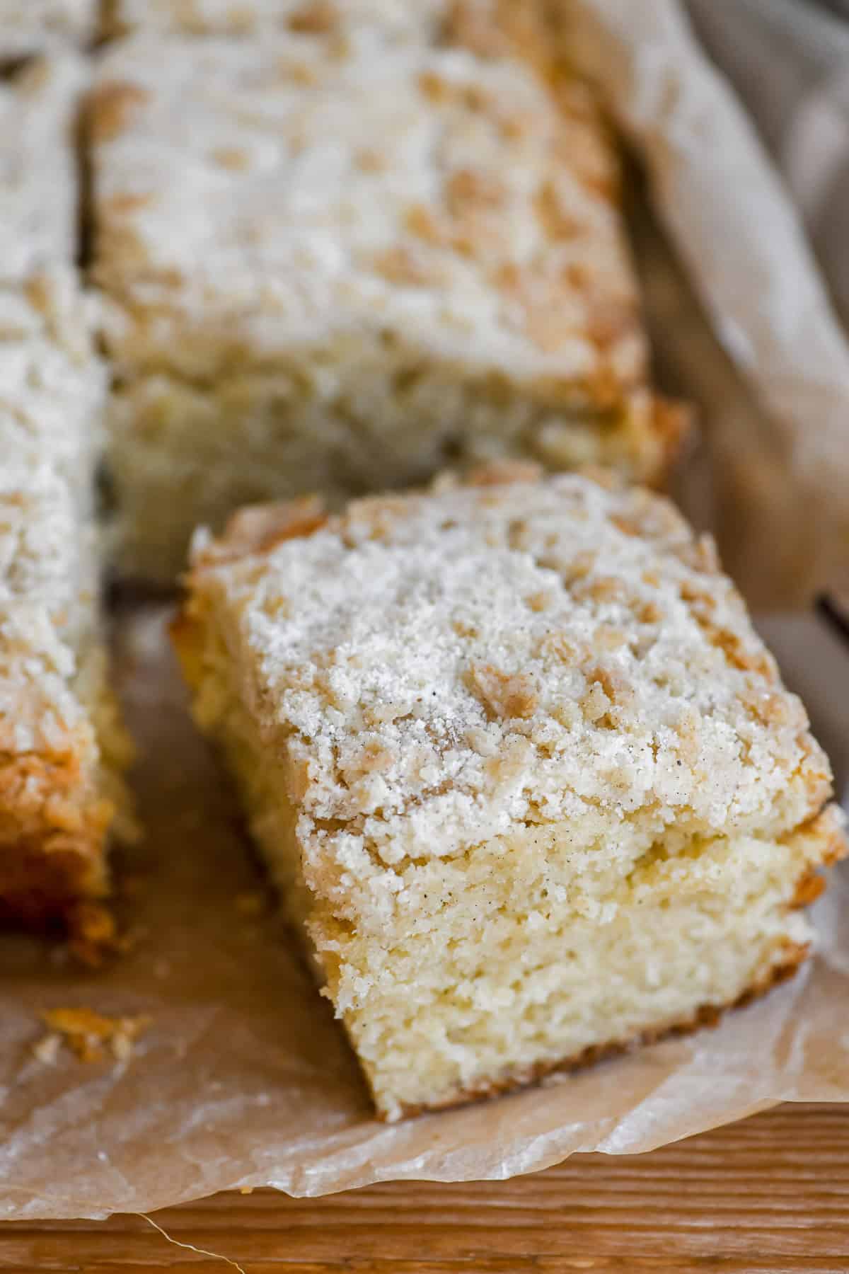 cardamom crumb cake, sliced.