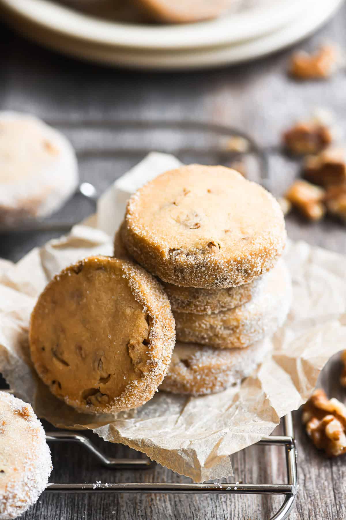 A stack of maple walnut shortbread cookies.