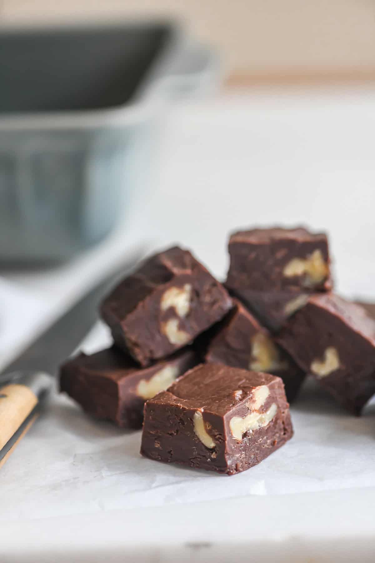 microwave fudge with pan in background.
