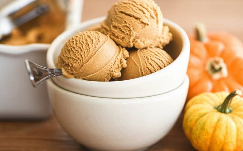 pumpkin ice cream in a small bowl with pumpkins.