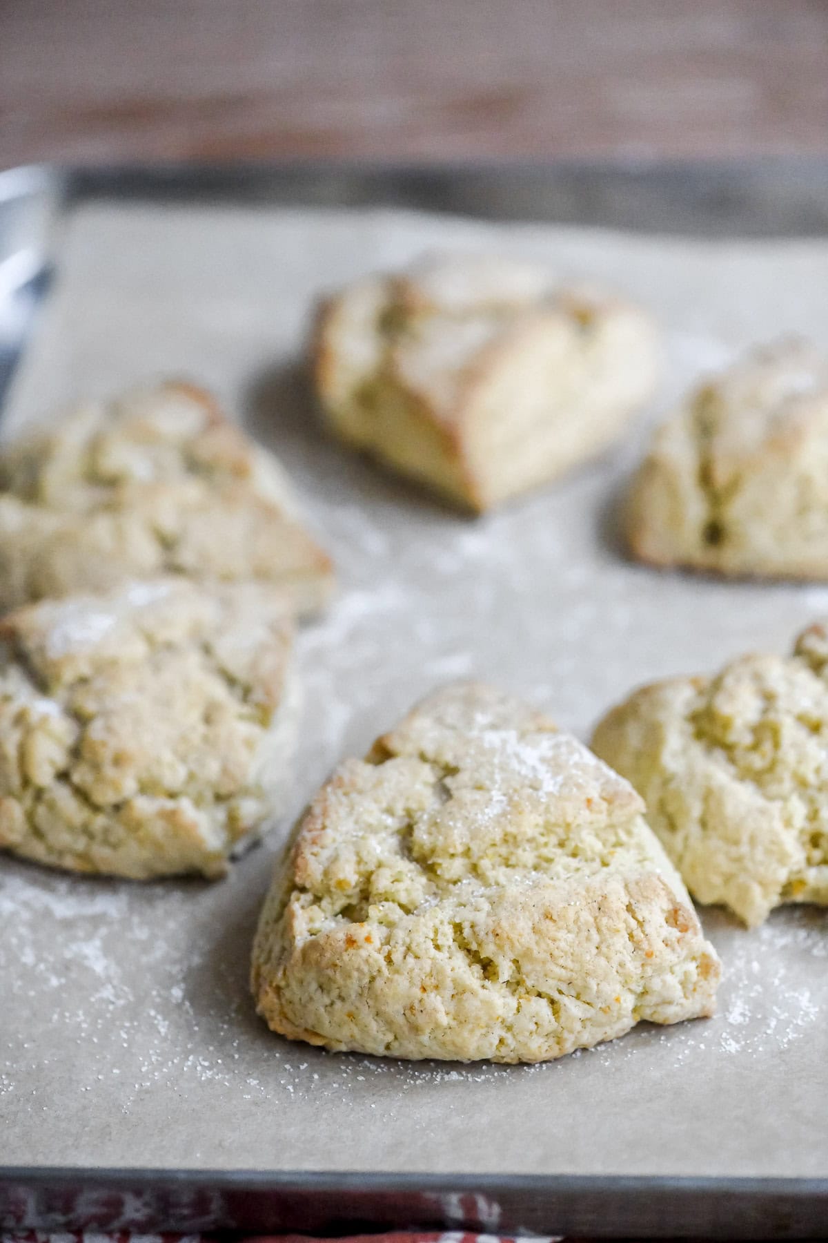 orange cardamom scones on baking sheet, baked