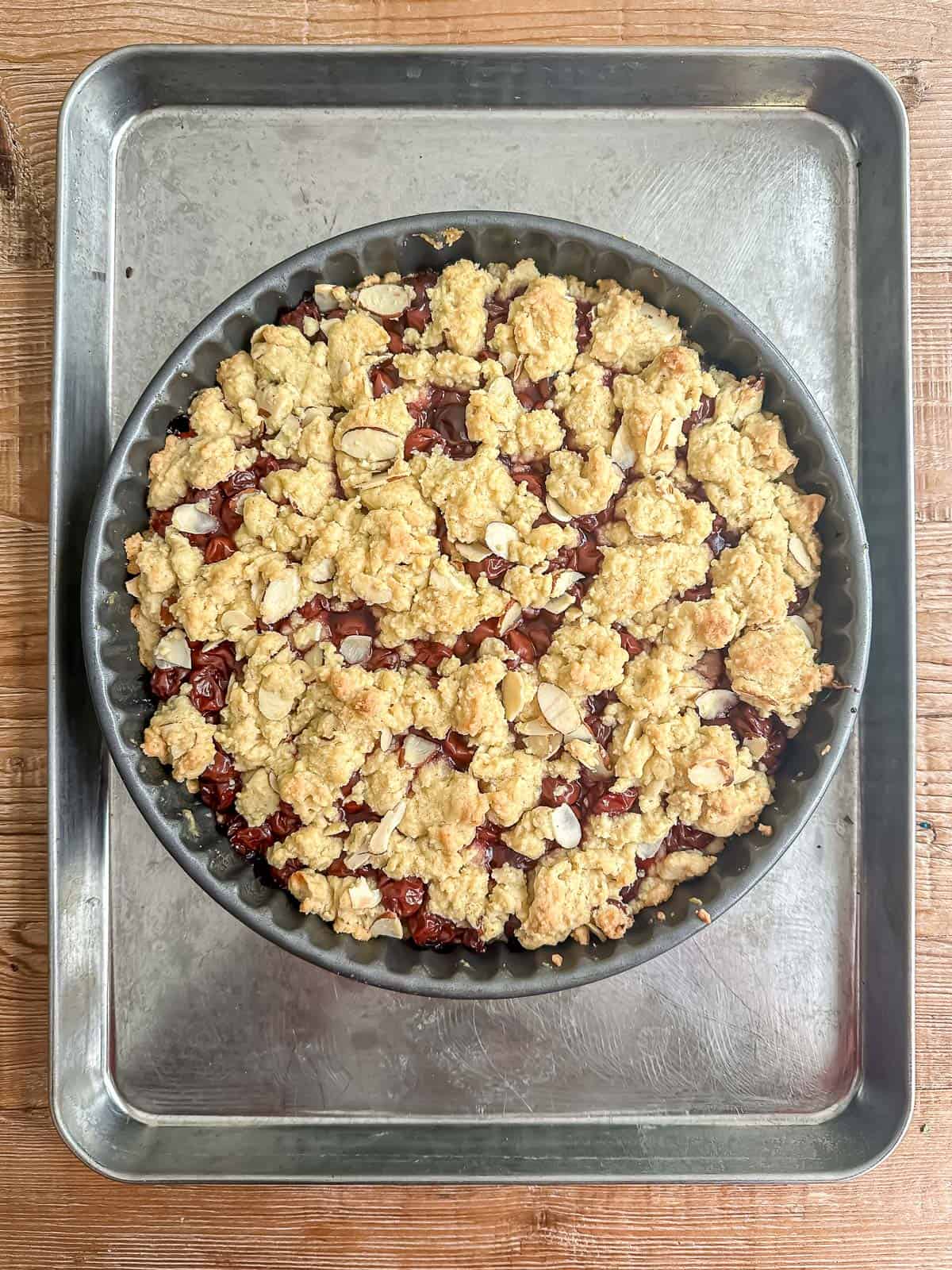 German sour cherry streusel cake just out of the oven.