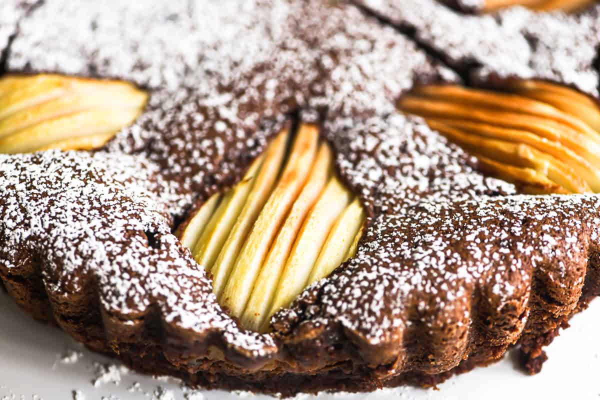 Close up look at texture of gluten free chocolate almond pear cake.