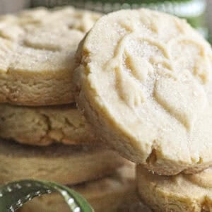 marzipan shortbread cookies with festive Christmas ribbon.