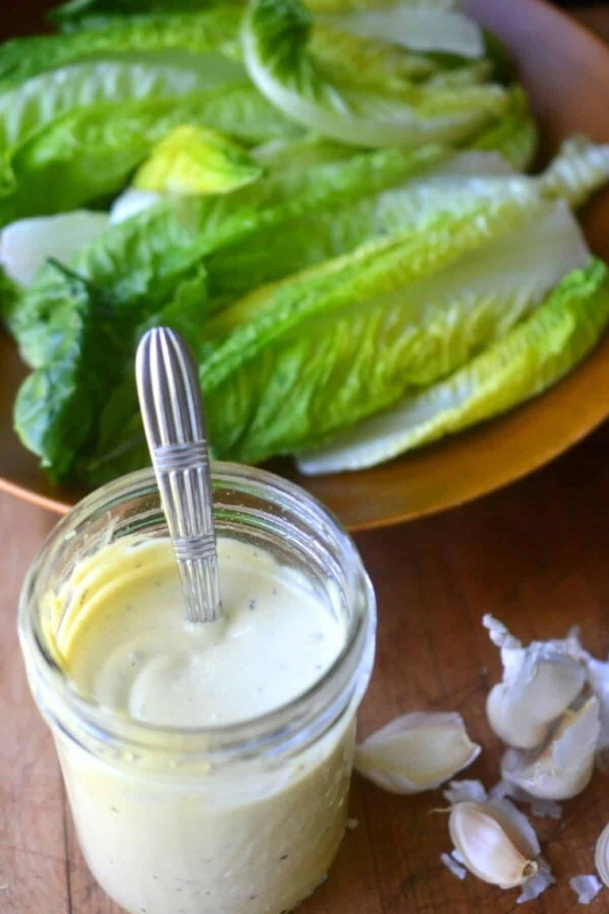 homemade caesar dressing with crisp lettuce.