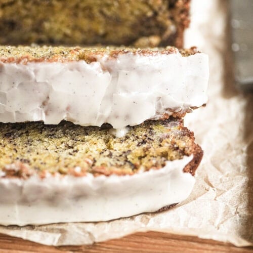 close look at moist texture of sliced bourbon banana bread.