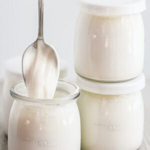 homemade high protein yogurt with spoon.