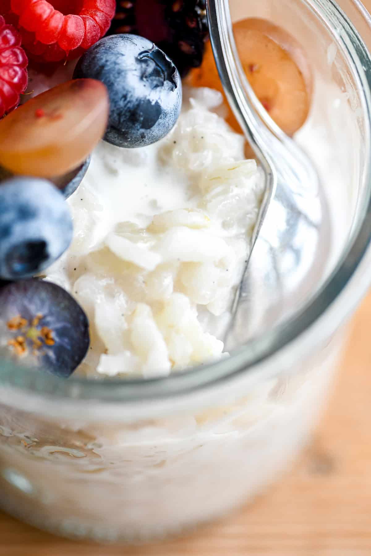 close look at texture of vegan coconut rice pudding.
