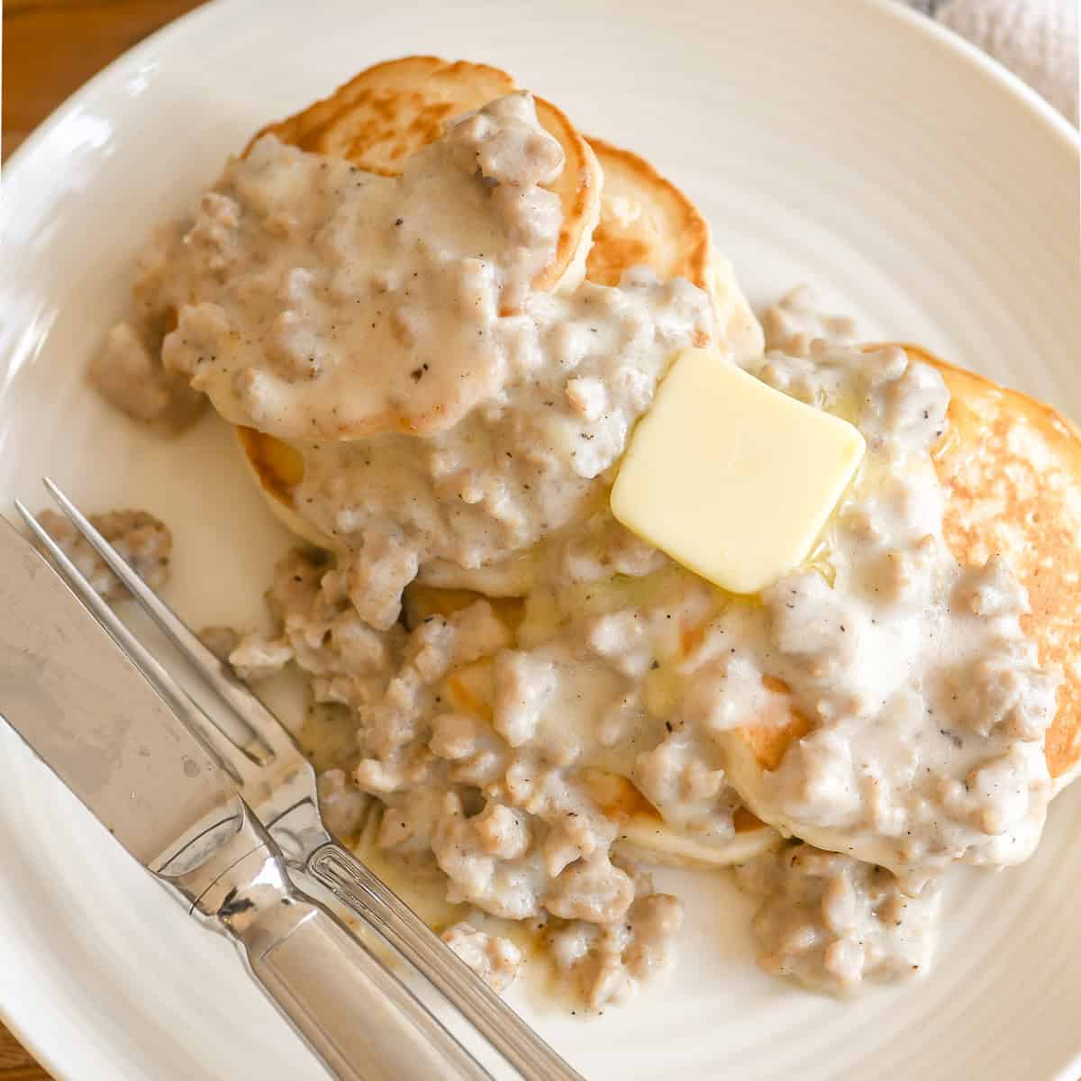 biscuit pancakes smothered in Southern country gravy.