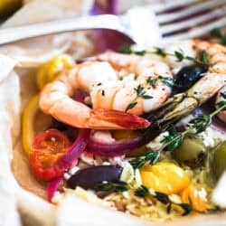 Greek shrimp packet with orzo.