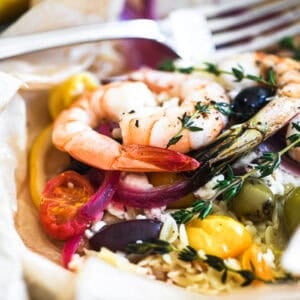 Greek shrimp packet with orzo.