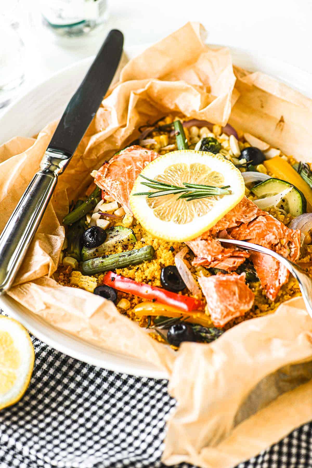 a salmon and veggie parchment packet dinner.