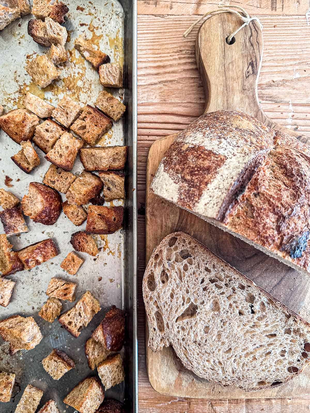making rustic croutons from an artisan loaf of bread.