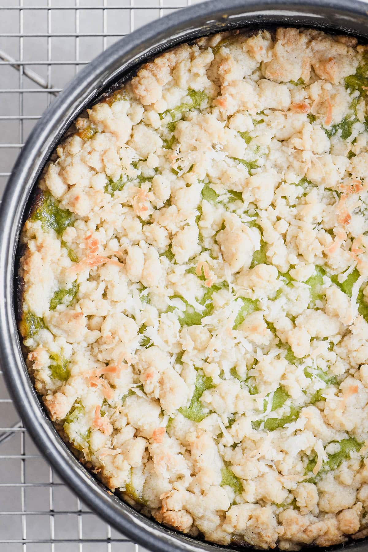 overhead look at coconut lime shortbread tart in springform pan.