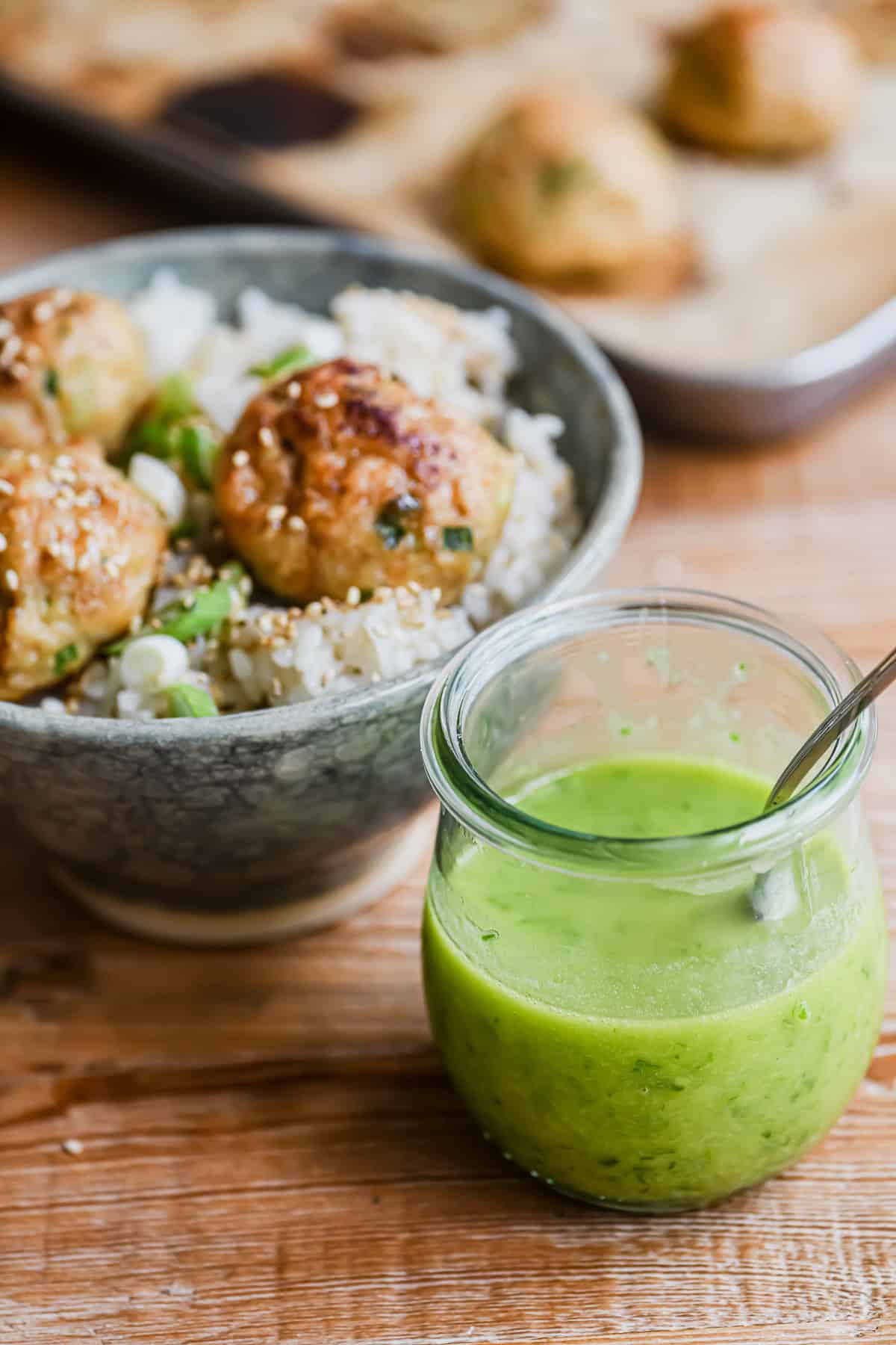ginger scallion meatball bowls with scallion oil sauce