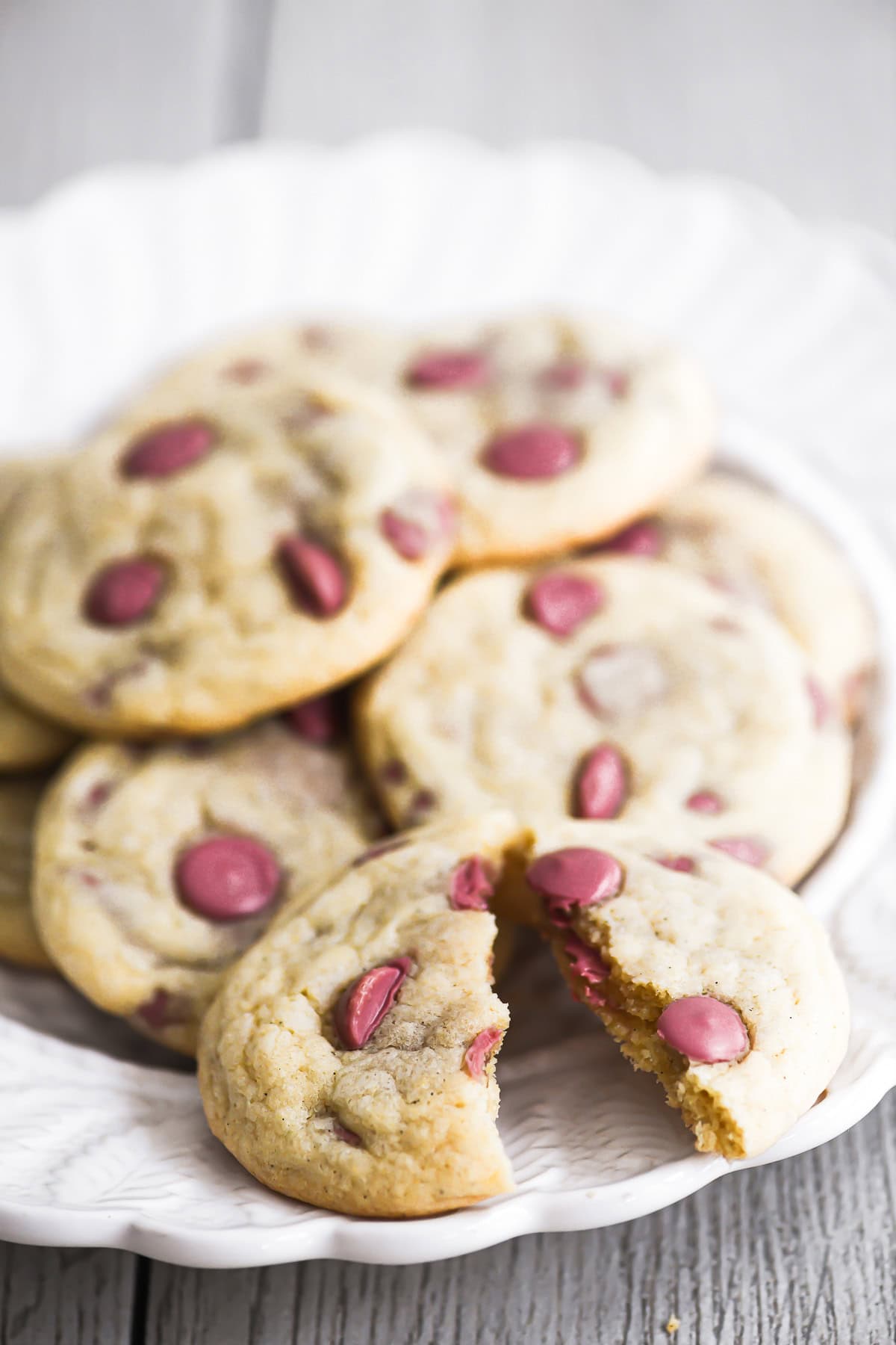 a plate of ruby red chocolate chip cookies.