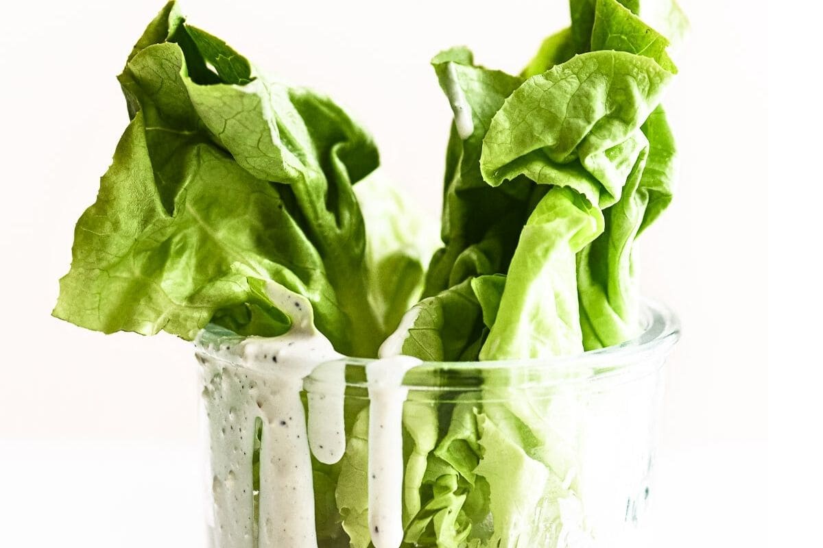 how to eat more salad, salad snacking is the key! Lettuce dipped in salad dressing.