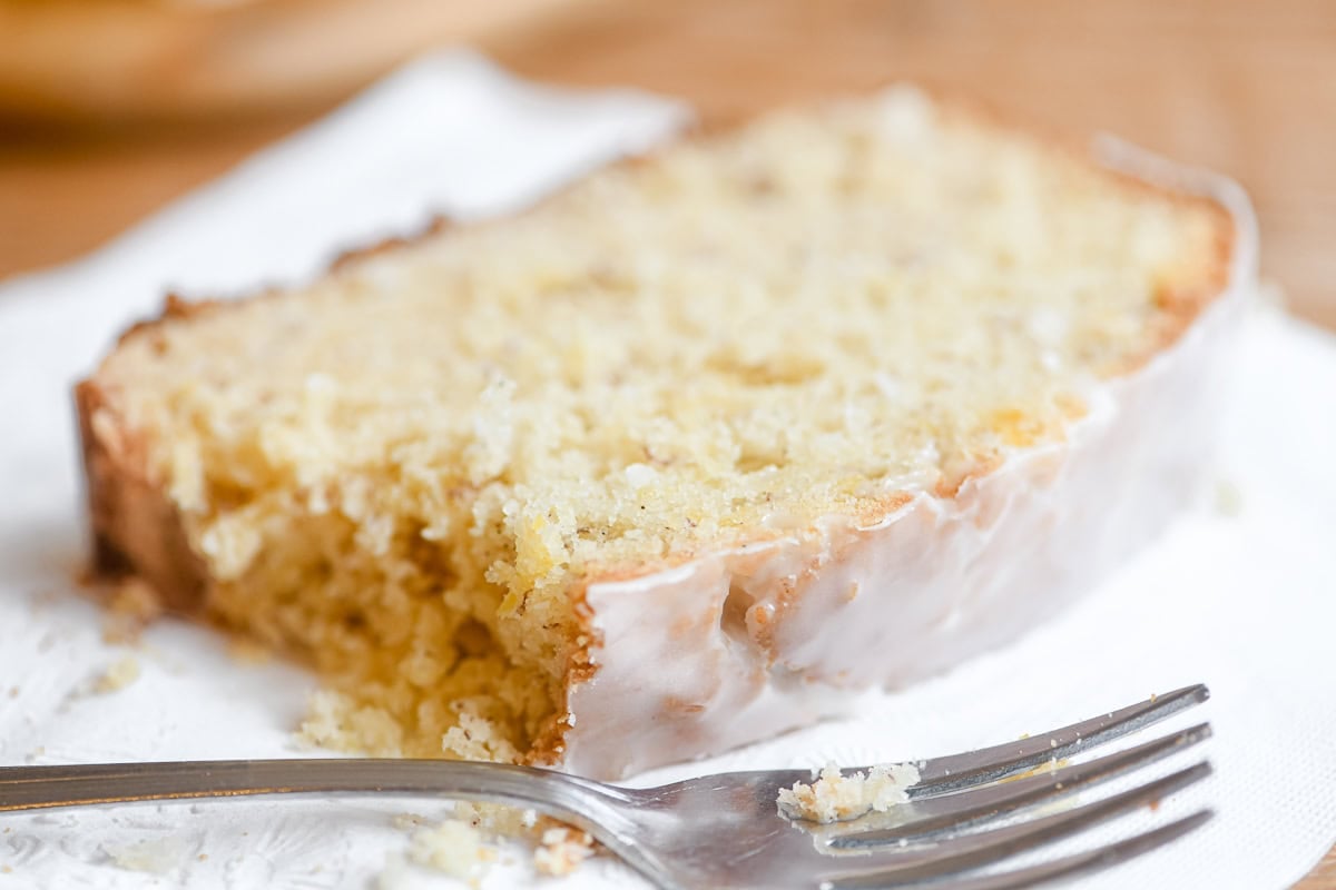 pineapple banana bread slice, with fork.