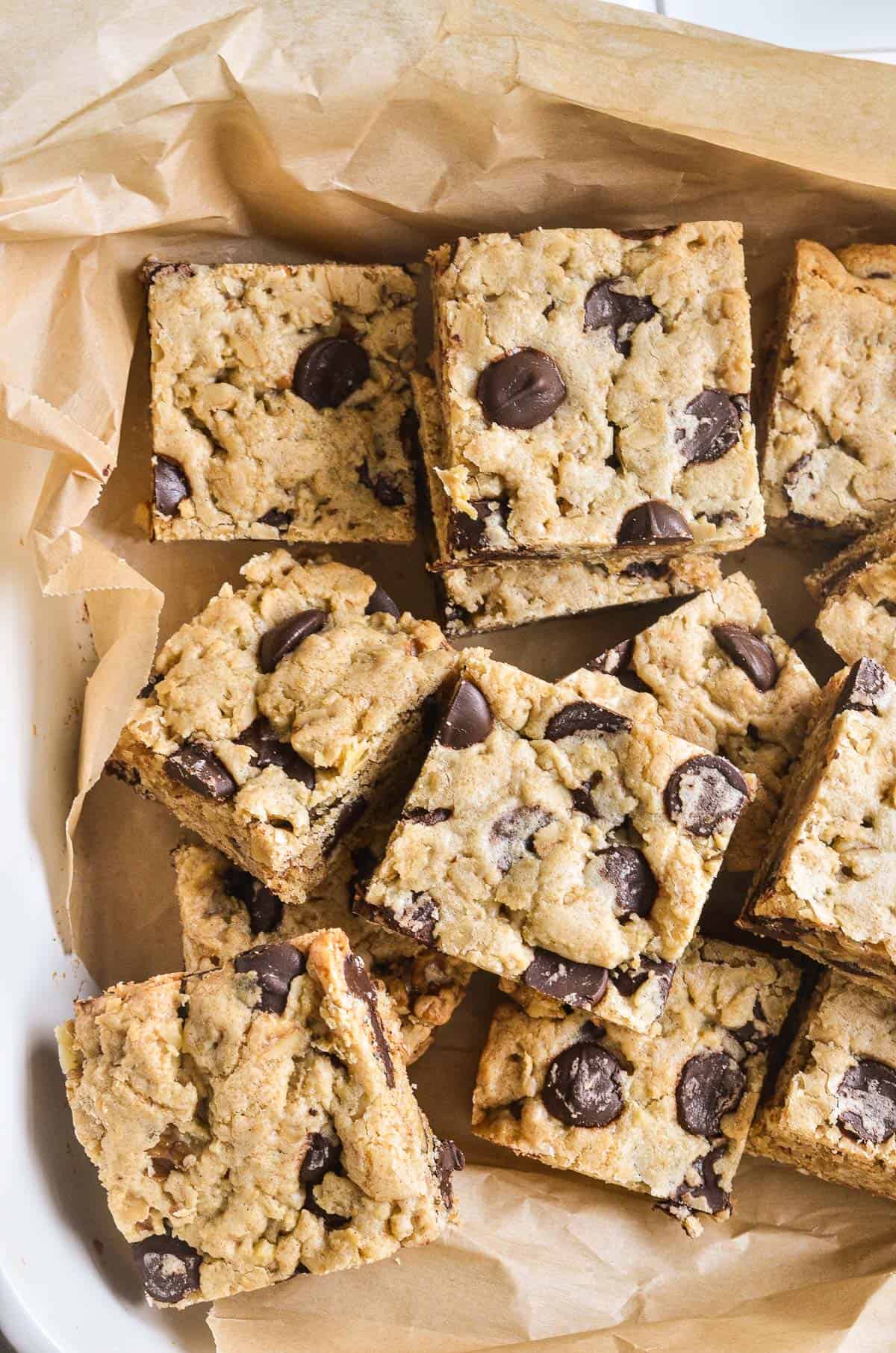 oatmeal chocolate chip cookie bars in parchment paper.