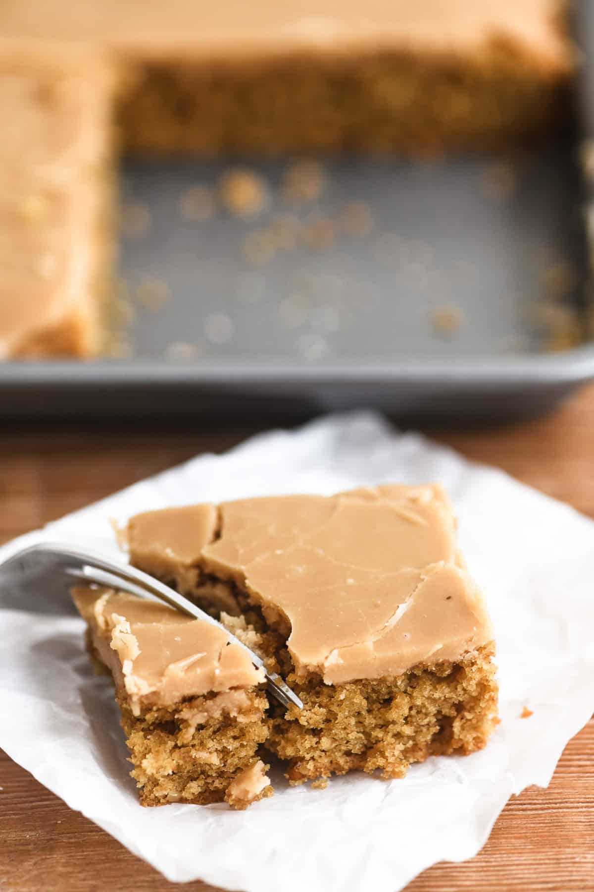 a piece of coffee fudge traybake with fork.
