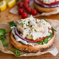 Smoked whitefish salad on a toasted bagel.