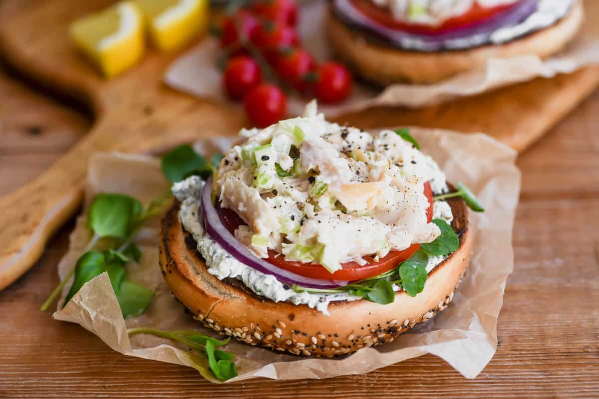 Smoked whitefish salad on a toasted bagel.