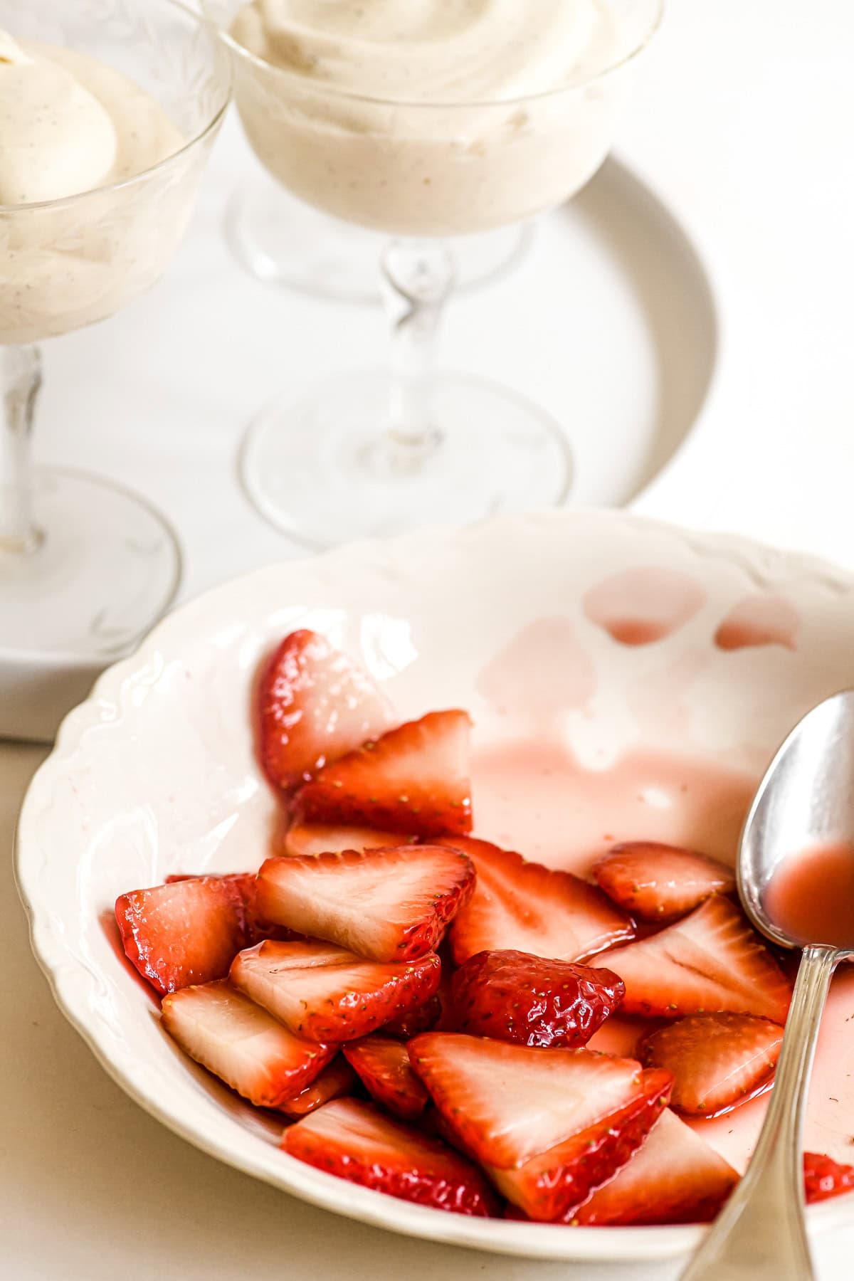 macerated strawberries and white chocolate mousse.
